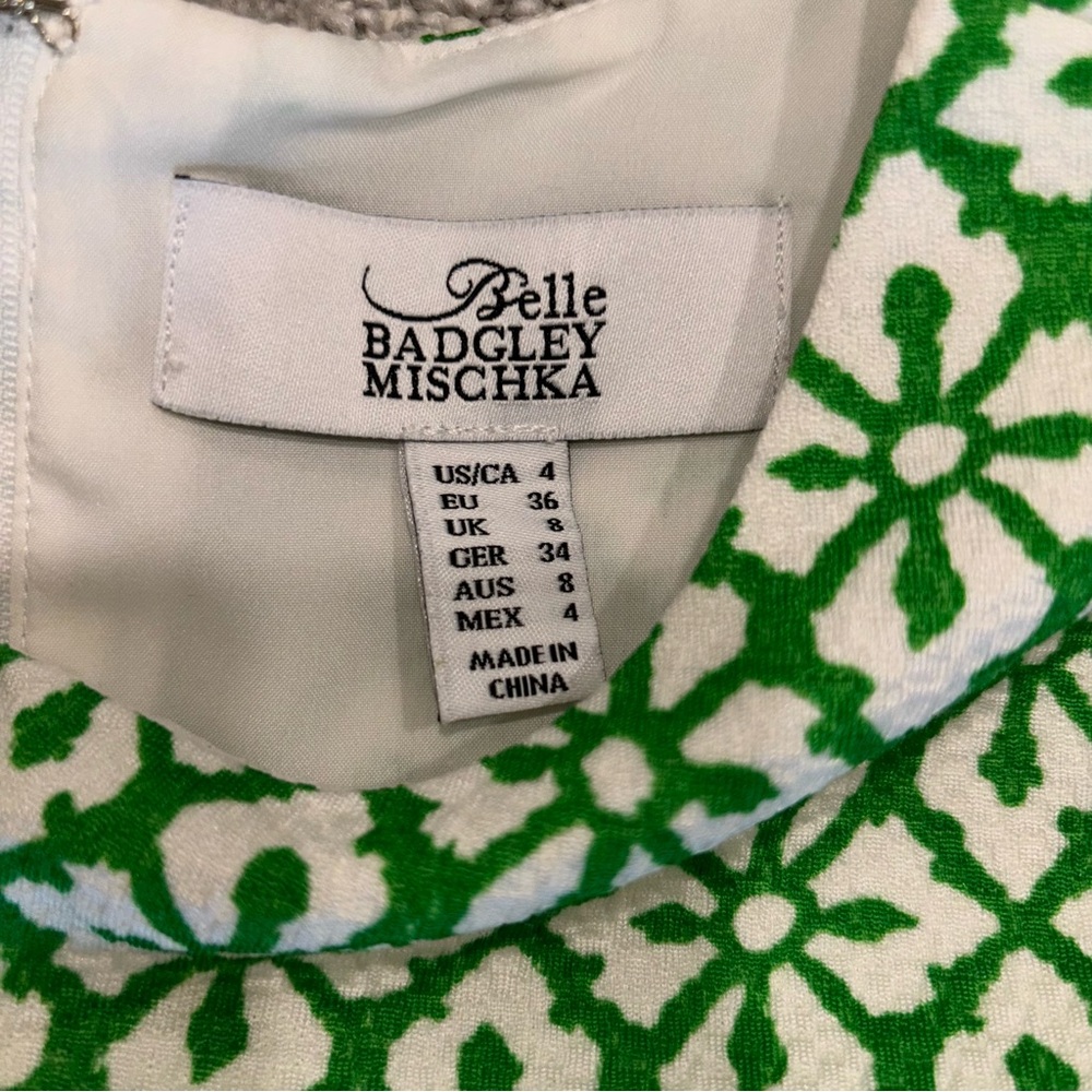 Badgely Mischka Belle Green & White Print Sleeveless Knee Length Dress Size 4 - Picture 4 of 7